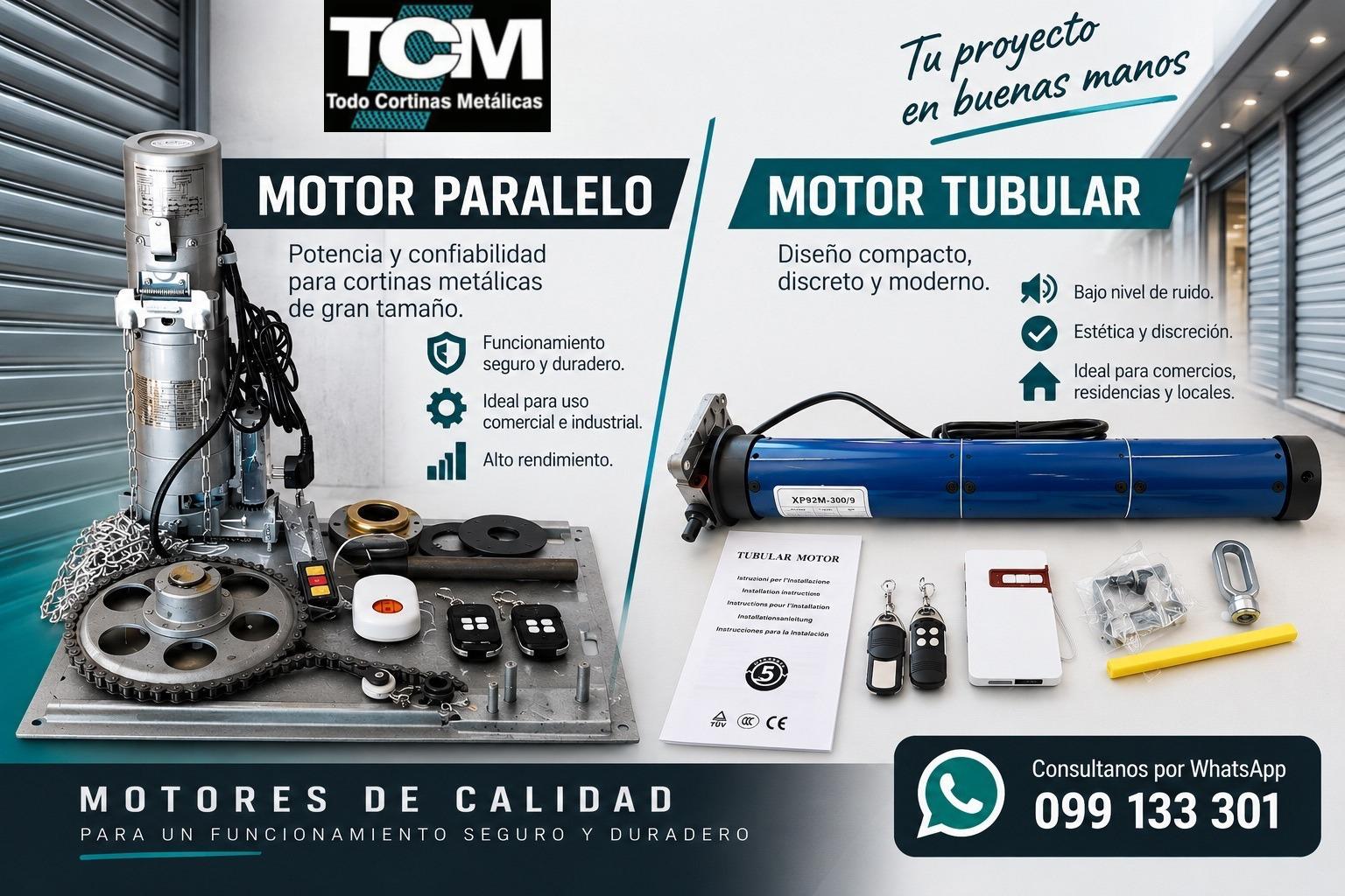 Cartel publicitario con motores para cortinas metálicas, herramientas y controles, texto “Motor paralelo” y “Motor tubular”.