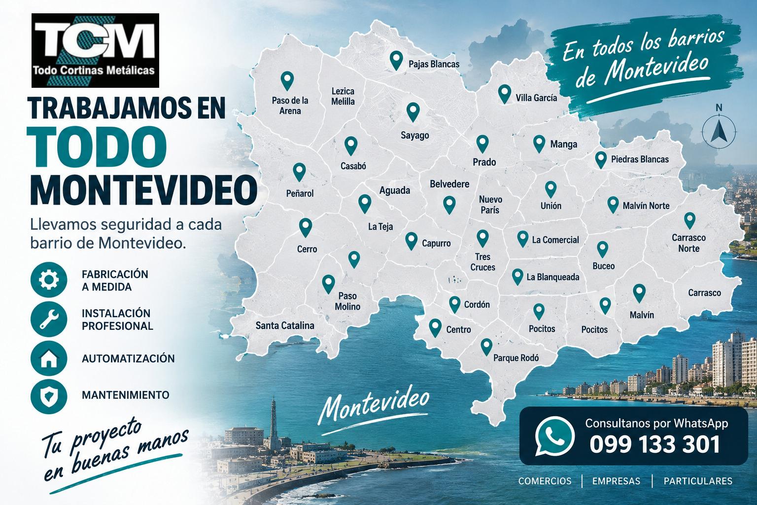 Mapa de Montevideo con marcadores verdes, texto promocional de cortinas metálicas y contacto por WhatsApp.