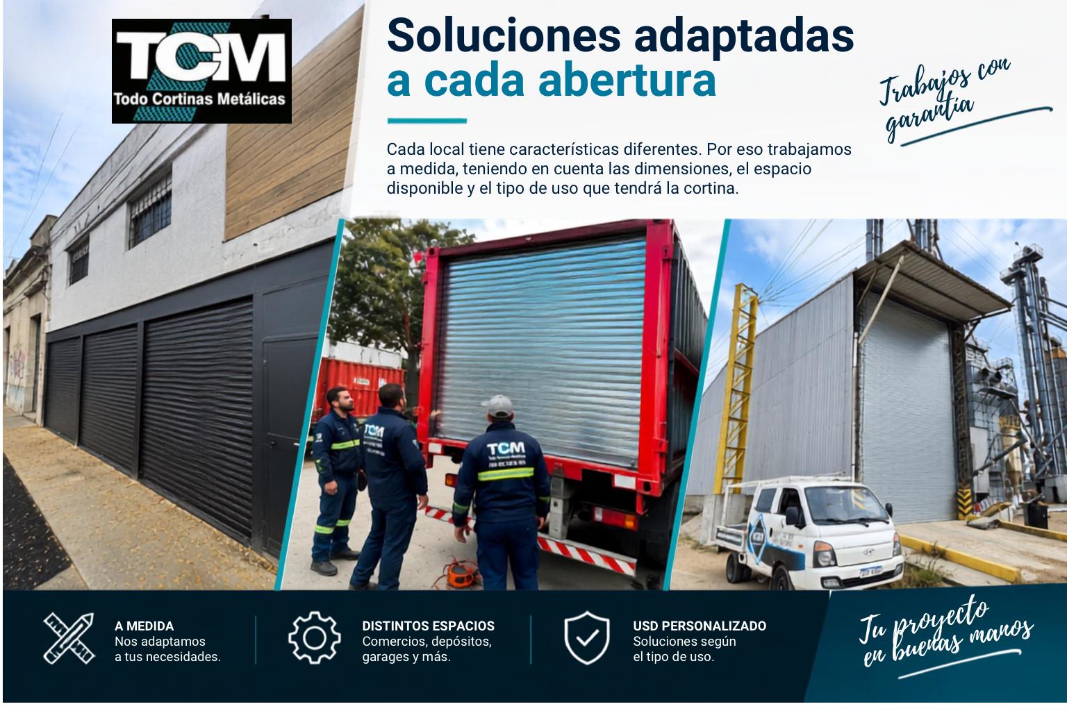 Trabajadores junto a un camión transportando una cortina metálica, con edificios y vehículo blanco al fondo.