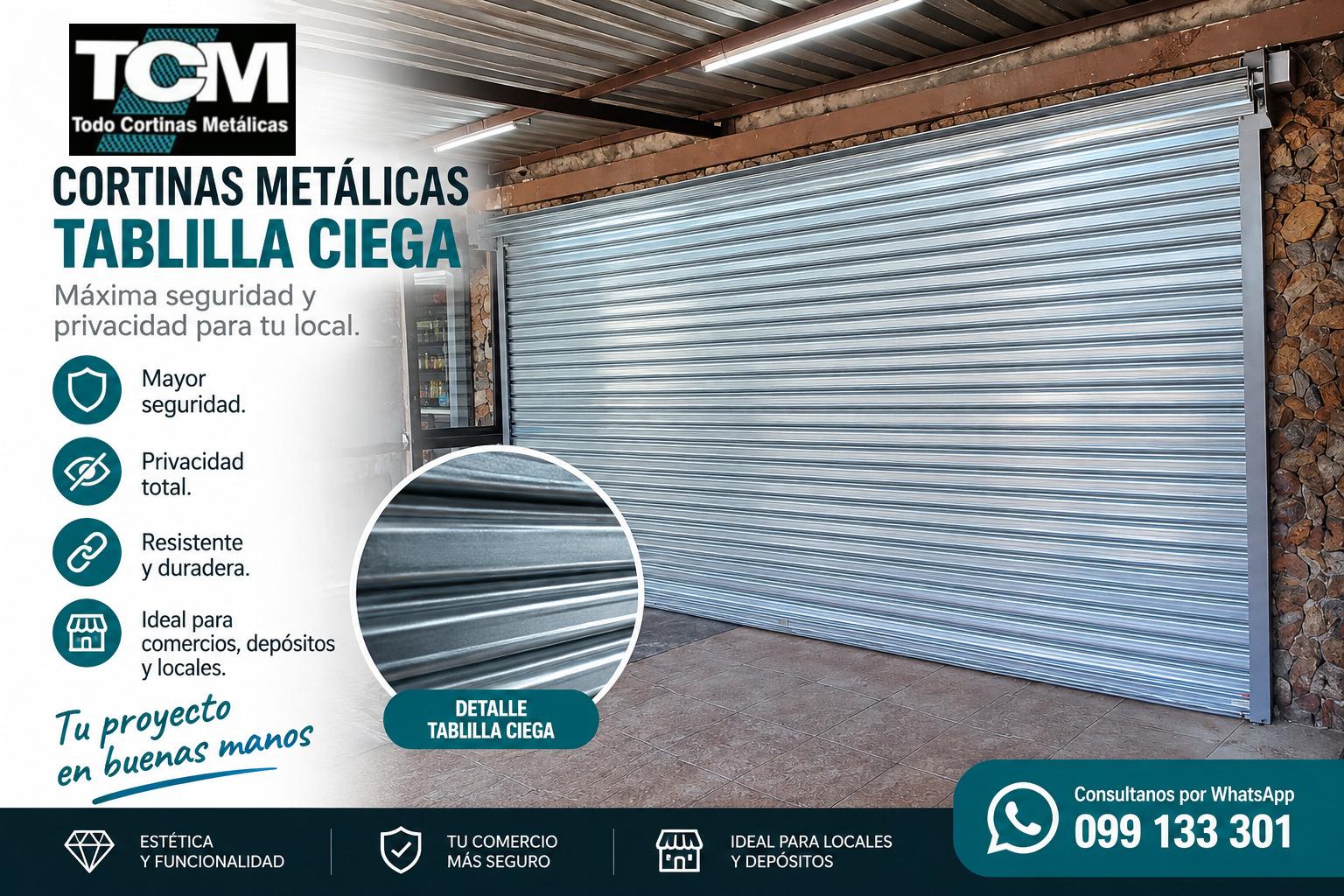 Cortina metálica enrollable cerrada en local, con texto promocional y detalles de seguridad y privacidad.