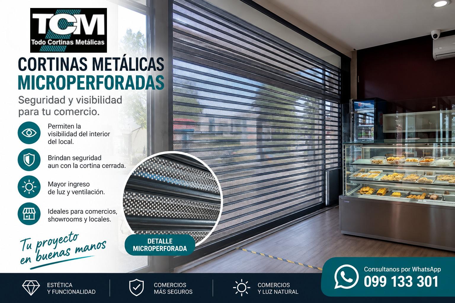 Interior de un living con puertas correderas de persianas metálicas microperforadas, mesa de madera y sofá bajo luz solar.