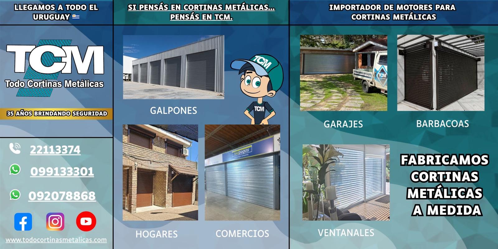 Collage publicitario de TCM con cortinas metálicas, galpones, garajes, ventanas y números de contacto.