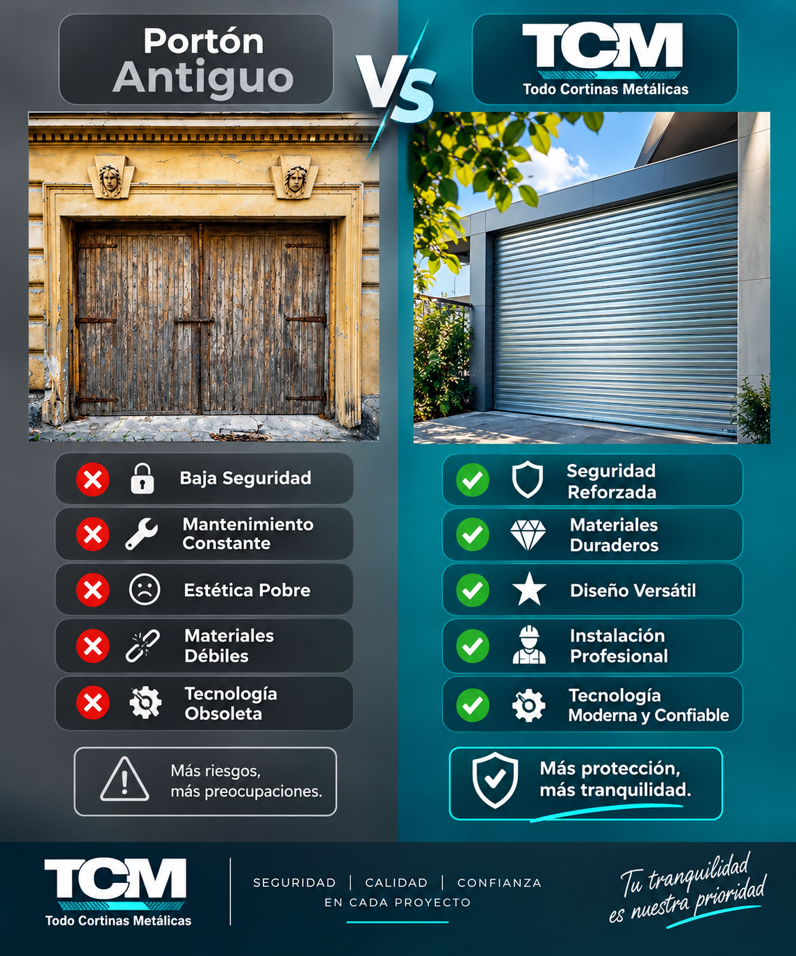 Comparación de portones: uno antiguo de madera versus cortinas metálicas, con lista de ventajas y desventajas.