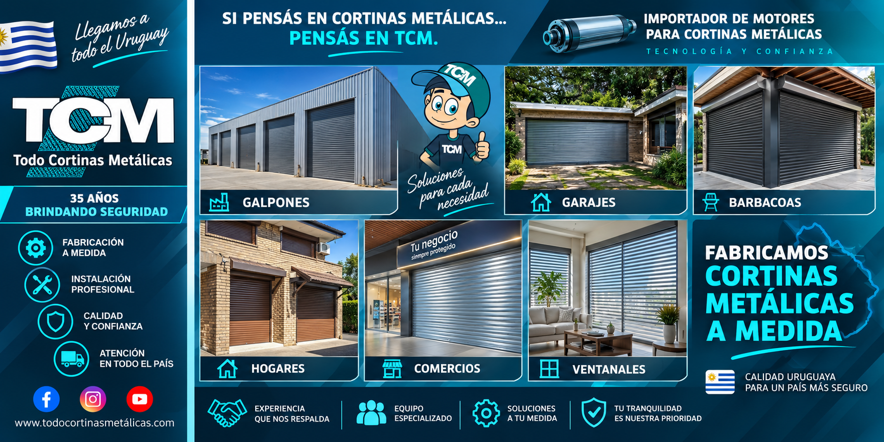 Collage publicitario de TCM con cortinas metálicas, motores, galpones, garajes, comercios y hogares, texto promocional.