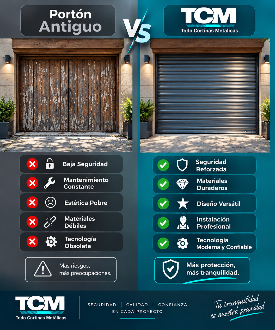 Comparación de portones: uno antiguo de madera versus cortinas metálicas, con lista de ventajas y desventajas.