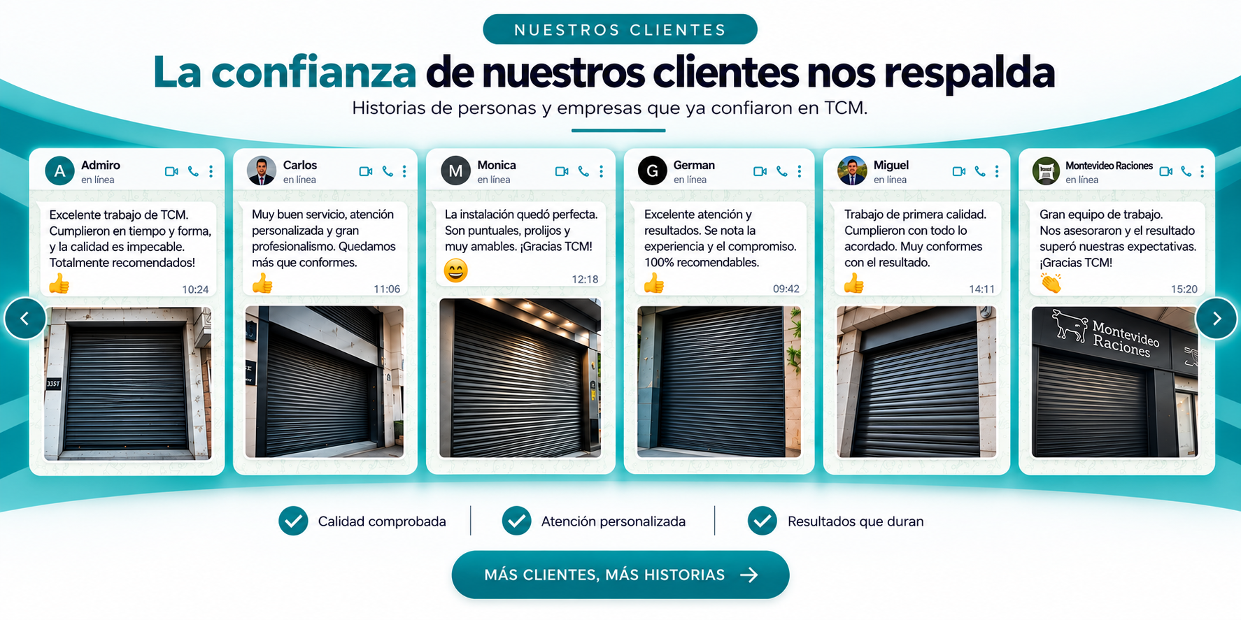 Capturas de reseñas de clientes con persianas enrollables, texto promocional y botones de navegación.