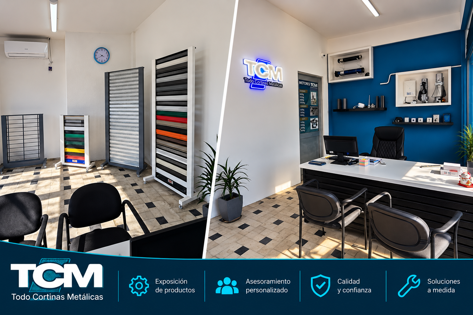 Oficina moderna con cortinas metálicas enrollables, escritorio azul, sillas negras y letrero TCM iluminado.