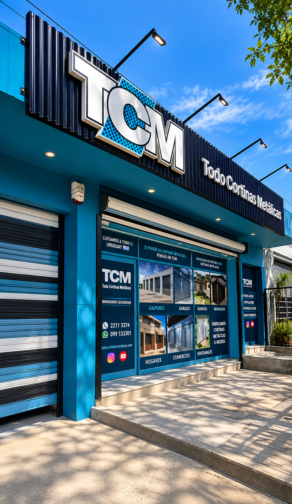 Fachada azul de negocio con letrero TCM, persianas metálicas y paneles publicitarios bajo cielo despejado.